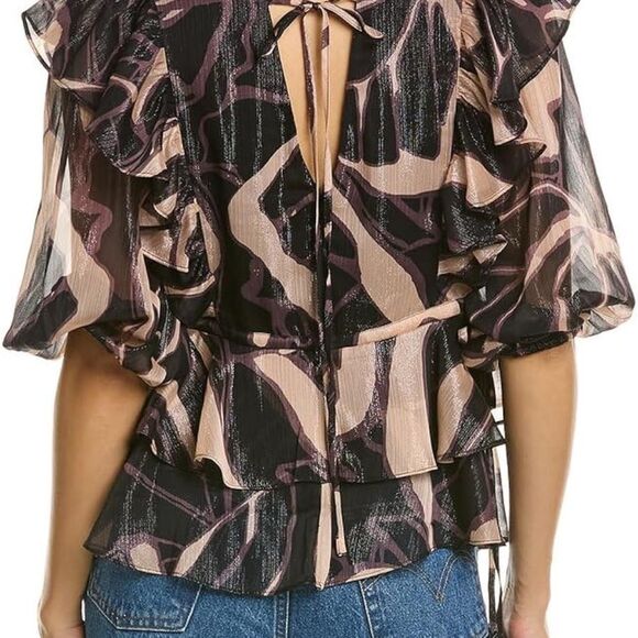 NWT TED BAKER JASMYNA RUFFLE-NECK TOP TIE-WAIST ABSTRACT BLACK MULTI TED SIZE 3 - Picture 13 of 13